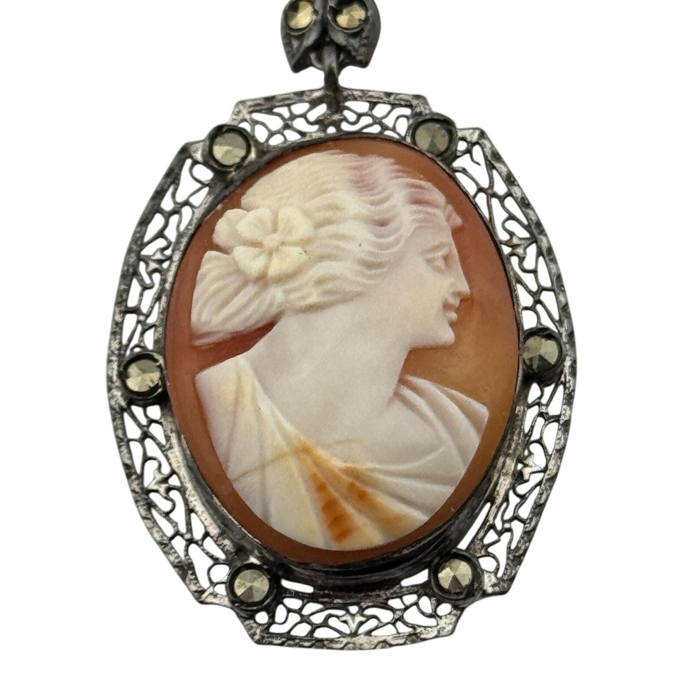 Vintage Art Deco Sterling Silver Filigree Marcasite Carved Shell Cameo Pendant